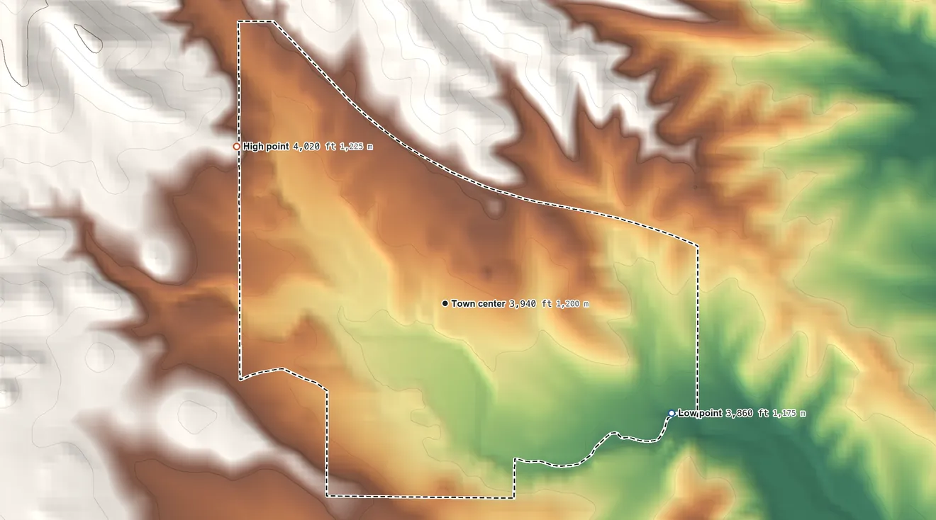 Topographic elevation map of Spring Valley, Arizona, shaded from 3,860 ft on the southeast side to 4,020 ft at the foot of the Bradshaw Mountains
