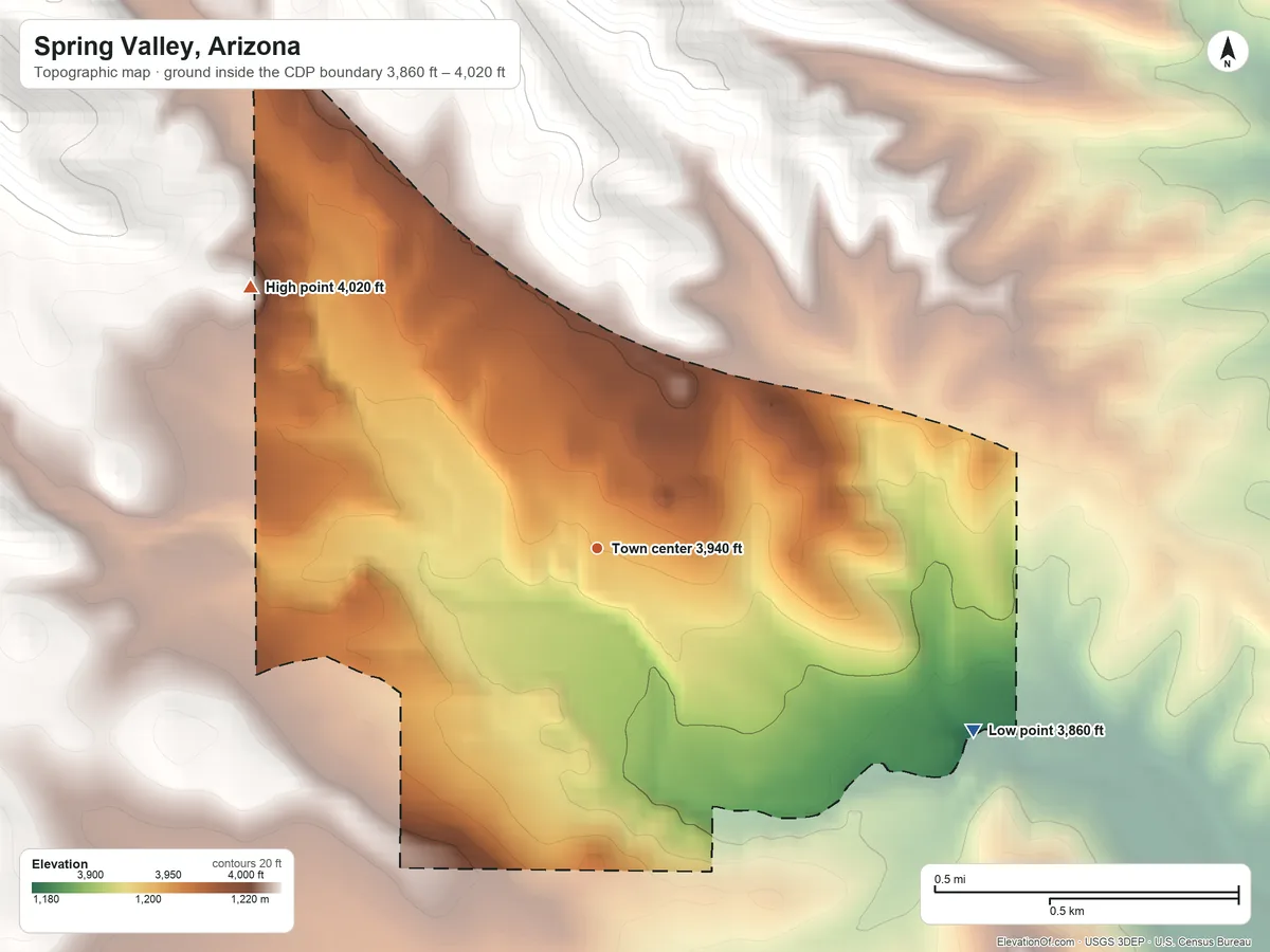 Topographic elevation map of Spring Valley, Arizona, shaded from 3,860 ft on the southeast side to 4,020 ft at the foot of the Bradshaw Mountains