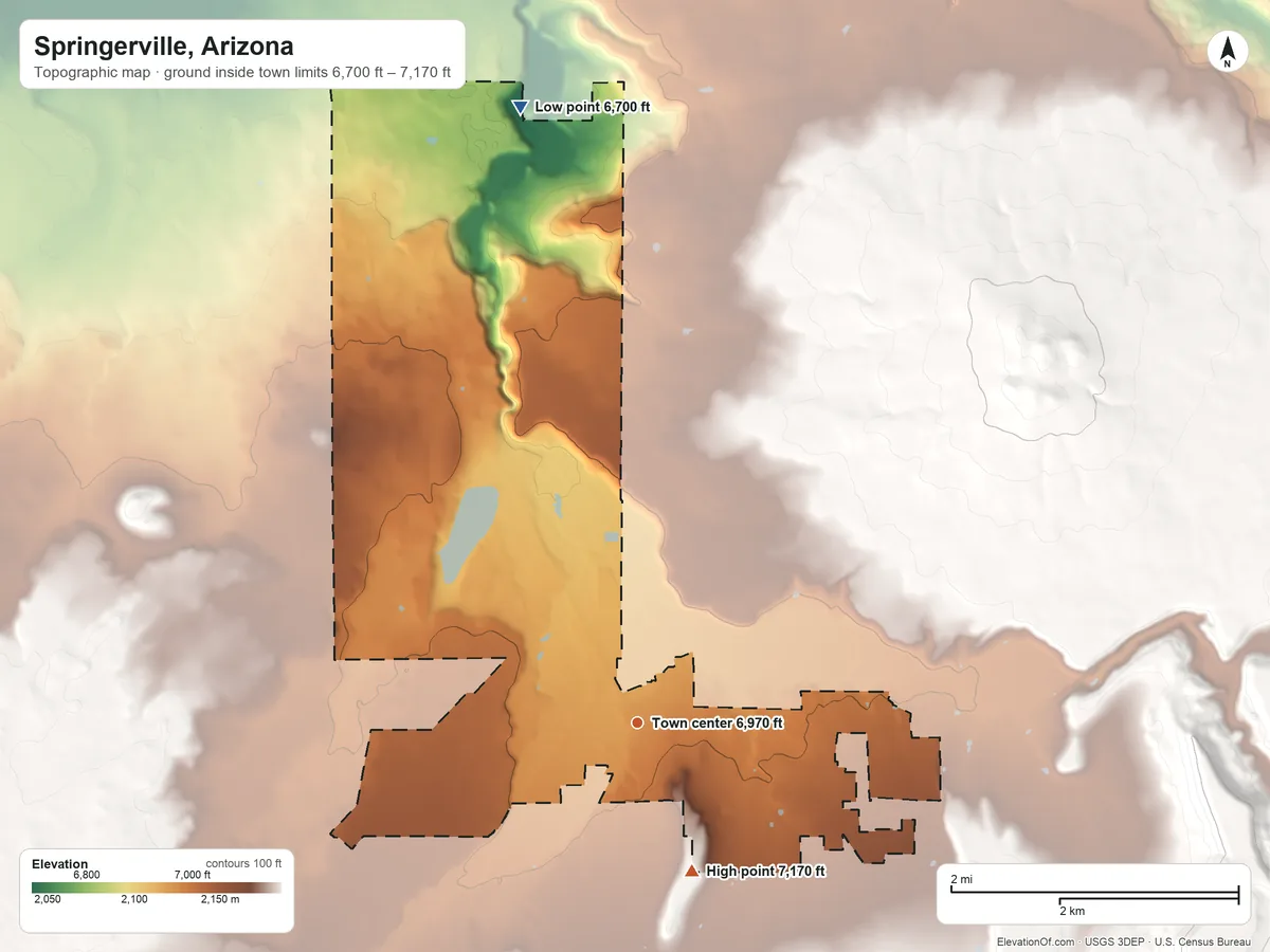 Topographic elevation map of Springerville, Arizona, shaded from 6,700 ft on the north side to 7,170 ft on the south edge, below higher ground just outside
