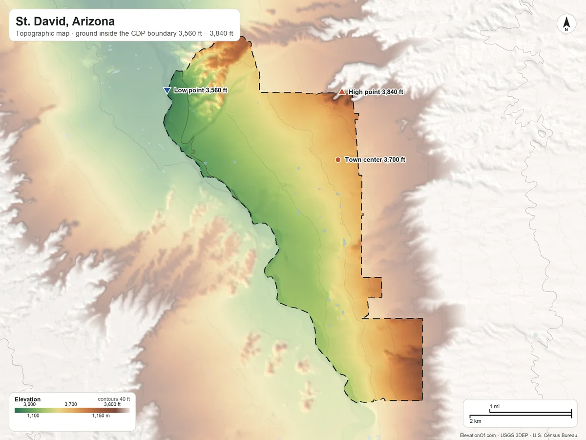 Topographic elevation map of St. David, Arizona, shaded from 3,560 ft on the west side to 3,840 ft on the north side