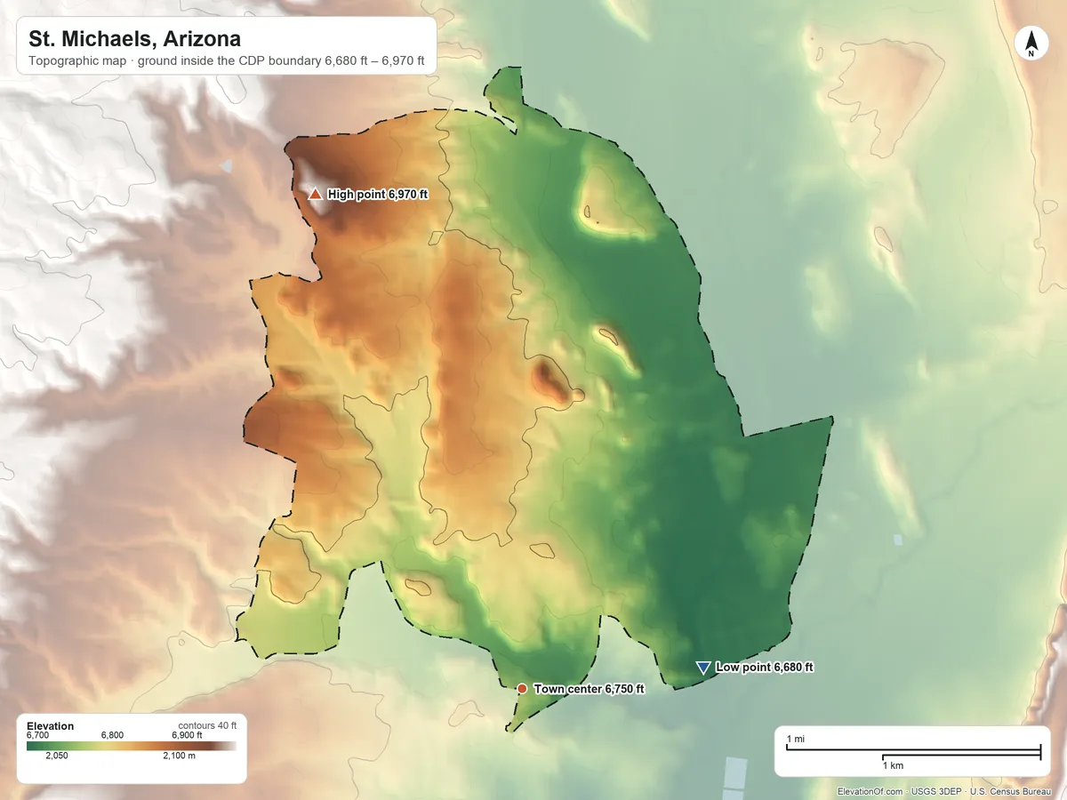 Topographic elevation map of St. Michaels, Arizona, shaded from 6,680 ft on the east side to 6,970 ft on the northwest edge, below higher ground just outside