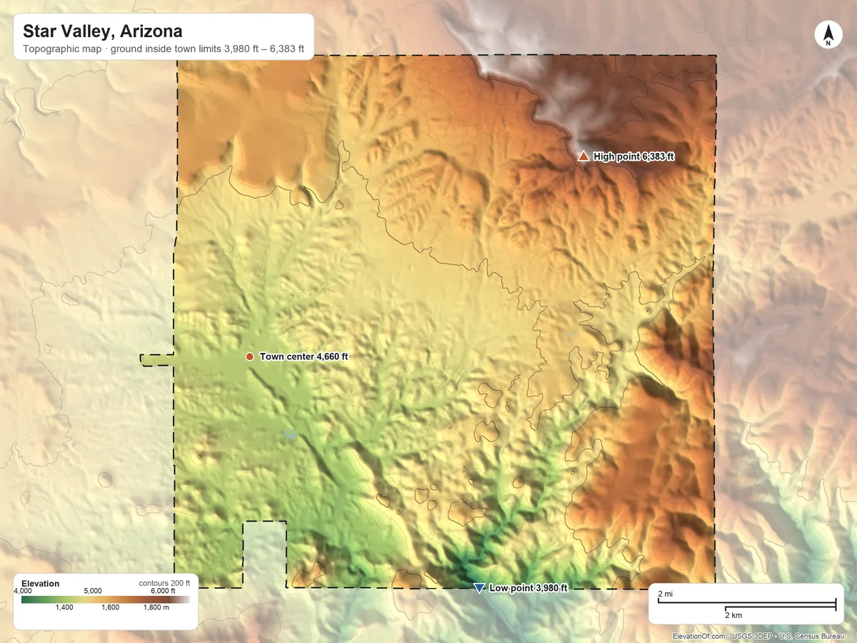Topographic elevation map of Star Valley, Arizona, shaded from 3,980 ft on the southeast side to 6,383 ft on Diamond Point