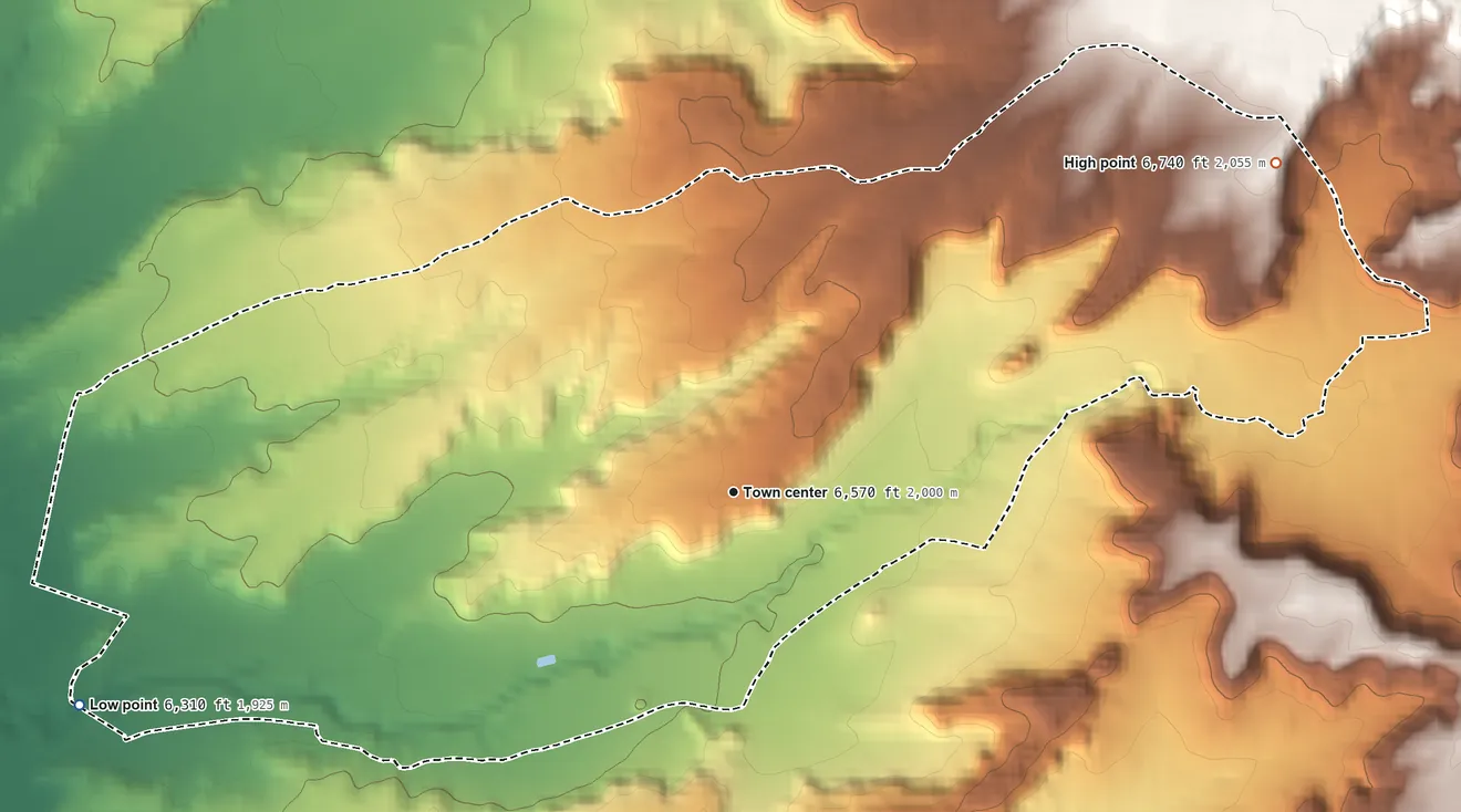 Topographic elevation map of Steamboat, Arizona, shaded from 6,310 ft on the west side to 6,740 ft on the northeast side