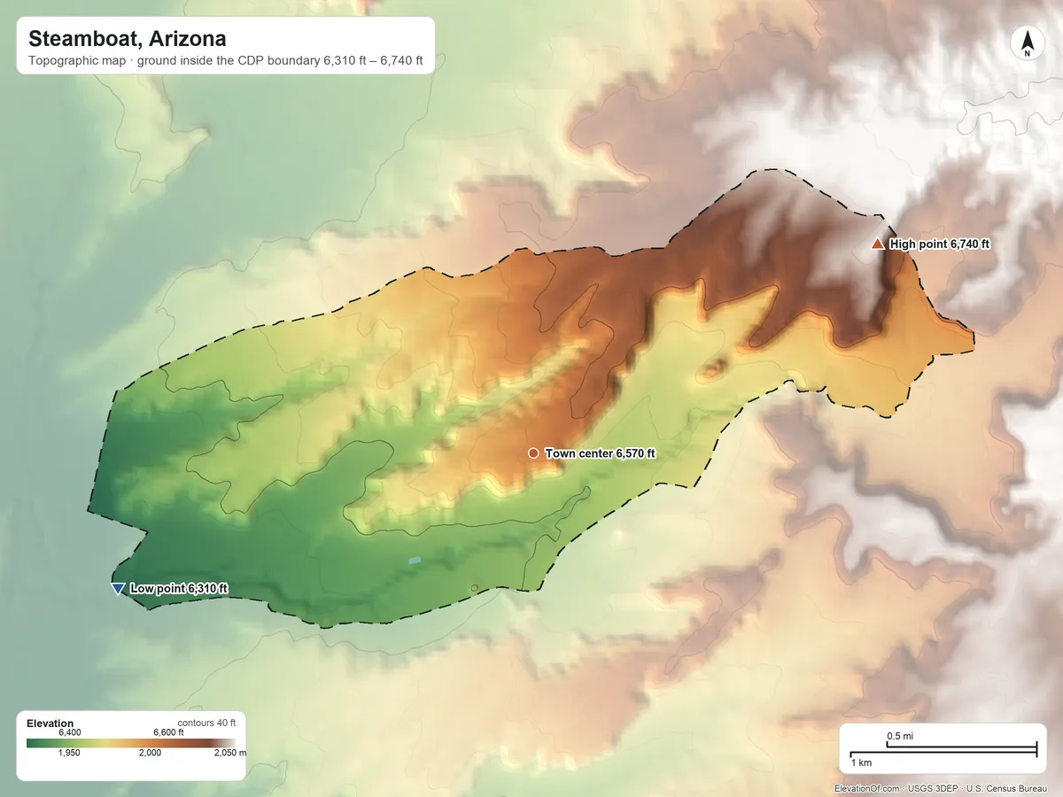 Topographic elevation map of Steamboat, Arizona, shaded from 6,310 ft on the west side to 6,740 ft on the northeast side
