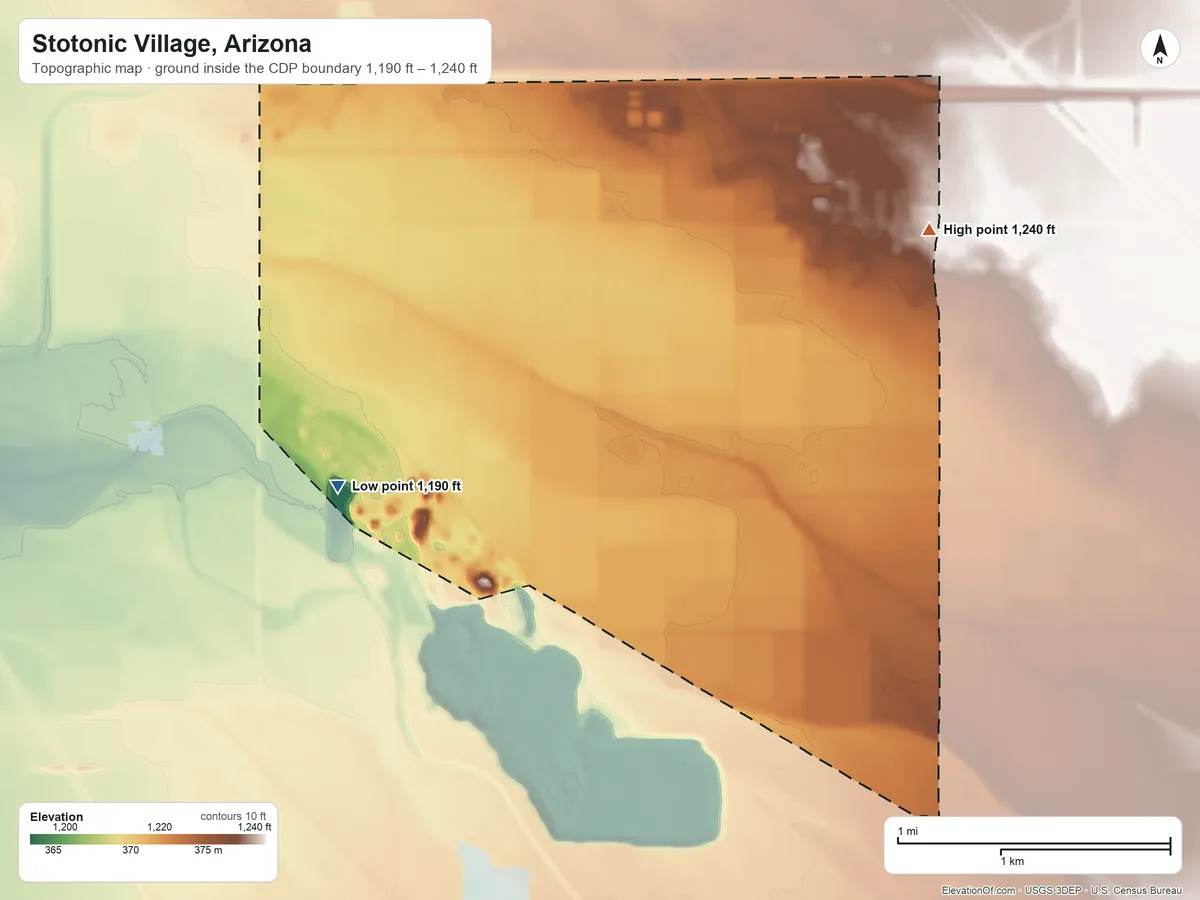 Topographic elevation map of Stotonic Village, Arizona, shaded from 1,190 ft on the west side to 1,240 ft on the northeast side