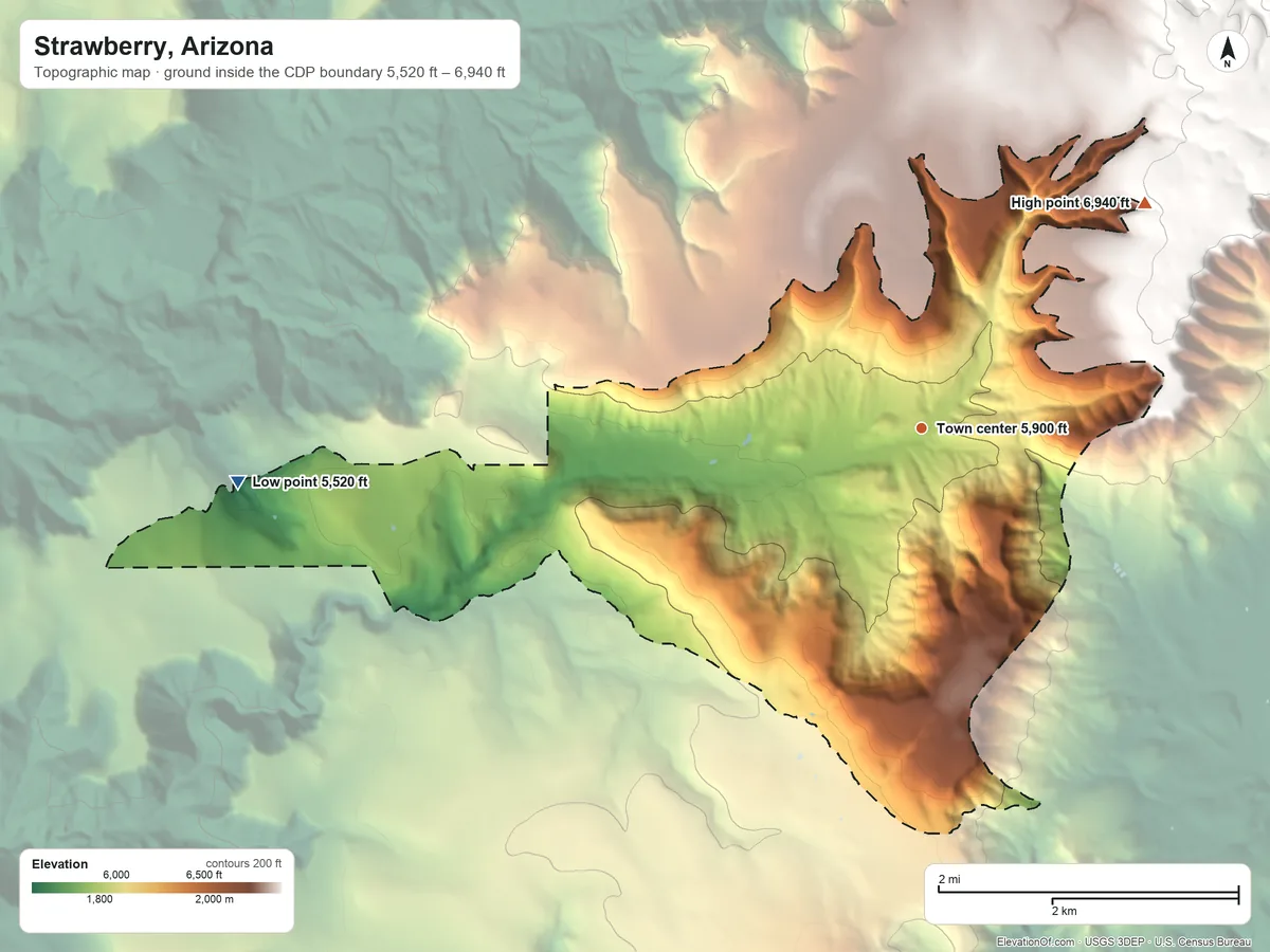 Topographic elevation map of Strawberry, Arizona, shaded from 5,520 ft on the west side to 6,940 ft on the northeast side