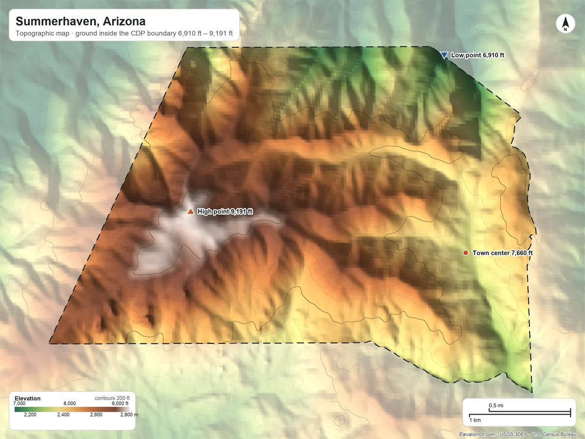 Topographic elevation map of Summerhaven, Arizona, shaded from 6,910 ft on the north side to 9,191 ft on Mount Lemmon