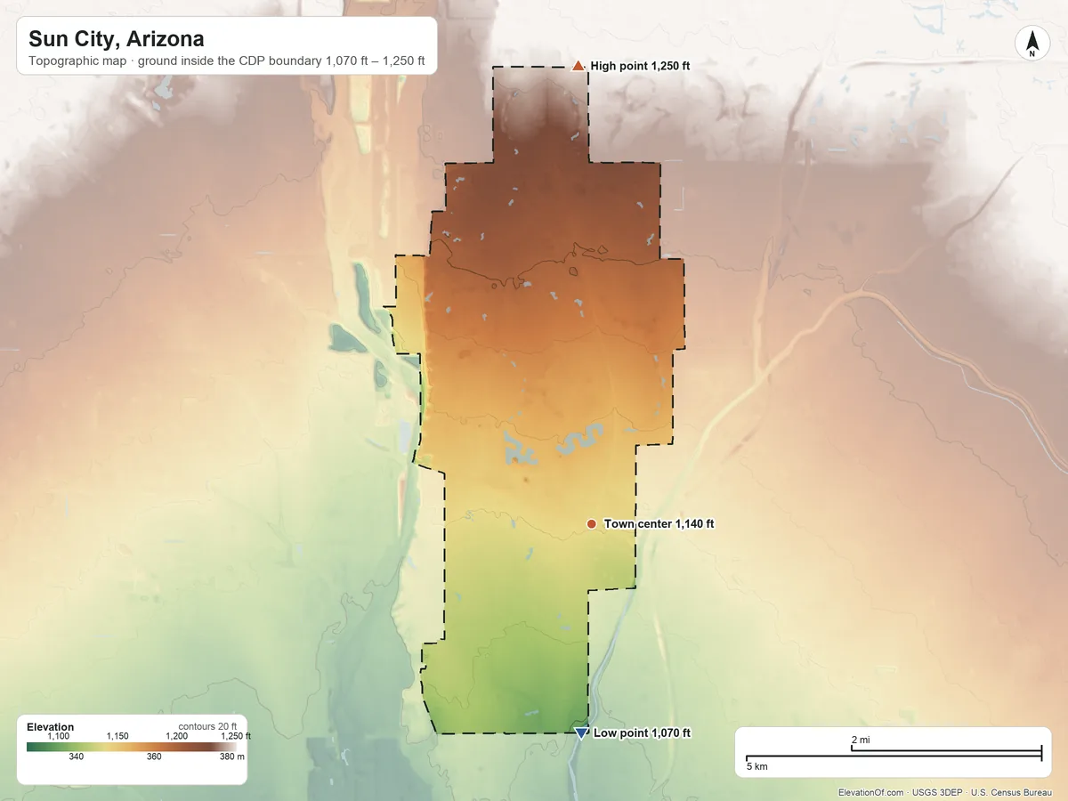 Topographic elevation map of Sun City, Arizona, shaded from 1,070 ft on the south side to 1,250 ft on the north side