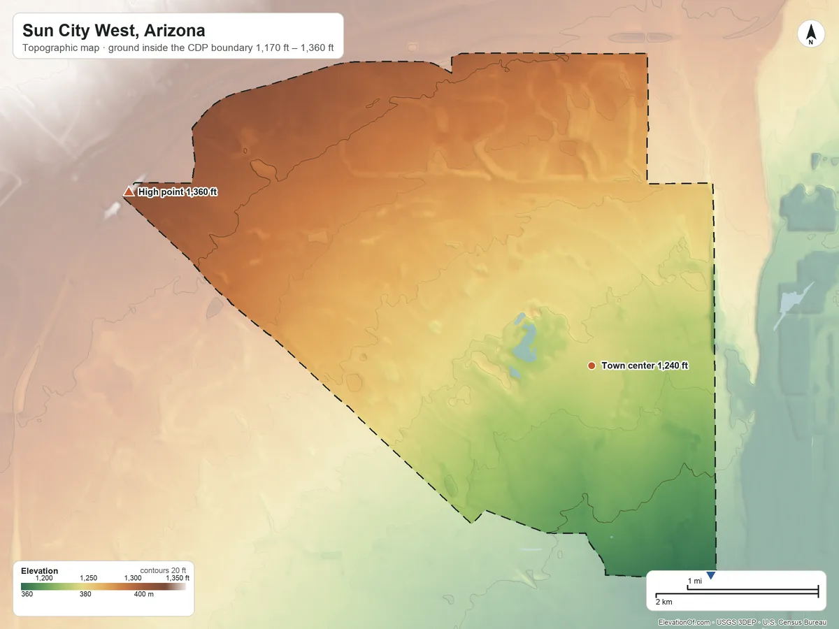 Topographic elevation map of Sun City West, Arizona, shaded from 1,170 ft on the southeast side to 1,360 ft on the west side