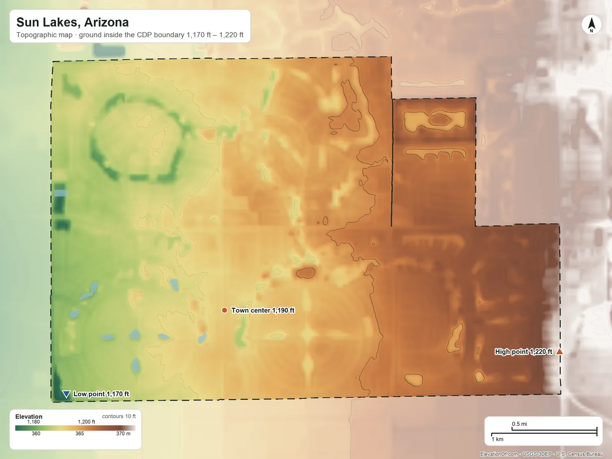 Topographic elevation map of Sun Lakes, Arizona, shaded from 1,170 ft on the southwest side to 1,220 ft on the east side
