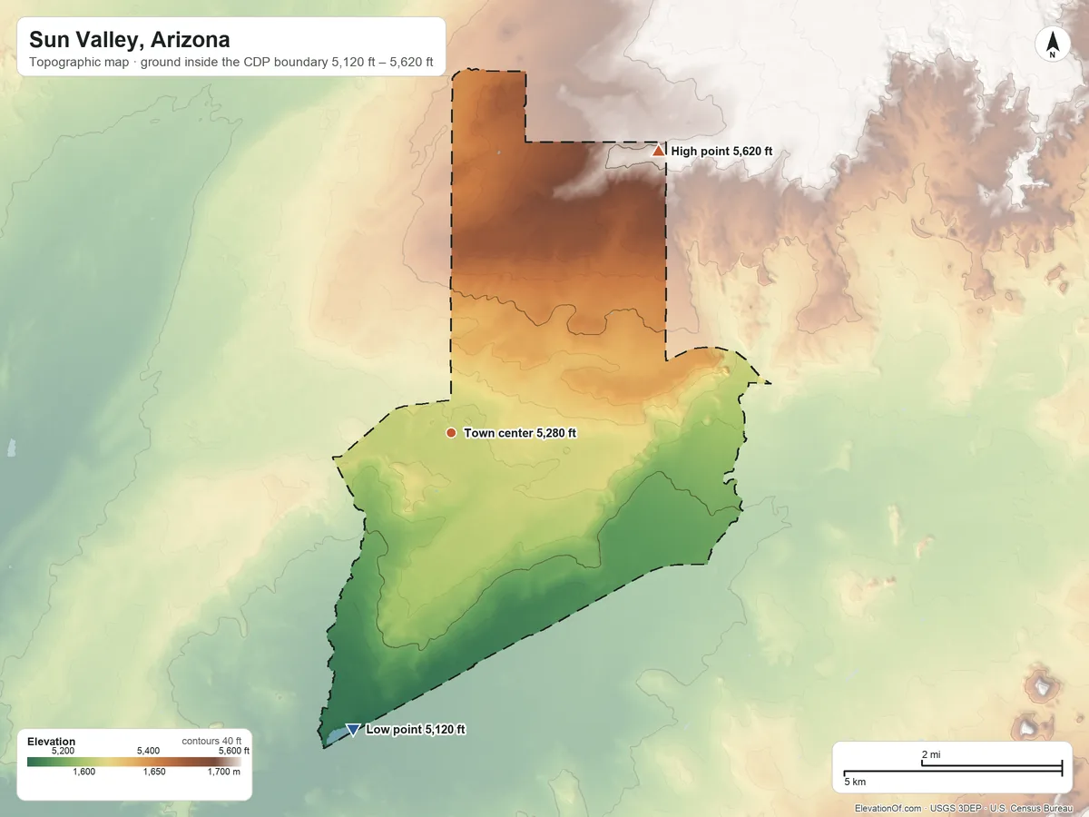 Topographic elevation map of Sun Valley, Arizona, shaded from 5,120 ft on the south side to 5,620 ft on the northeast side