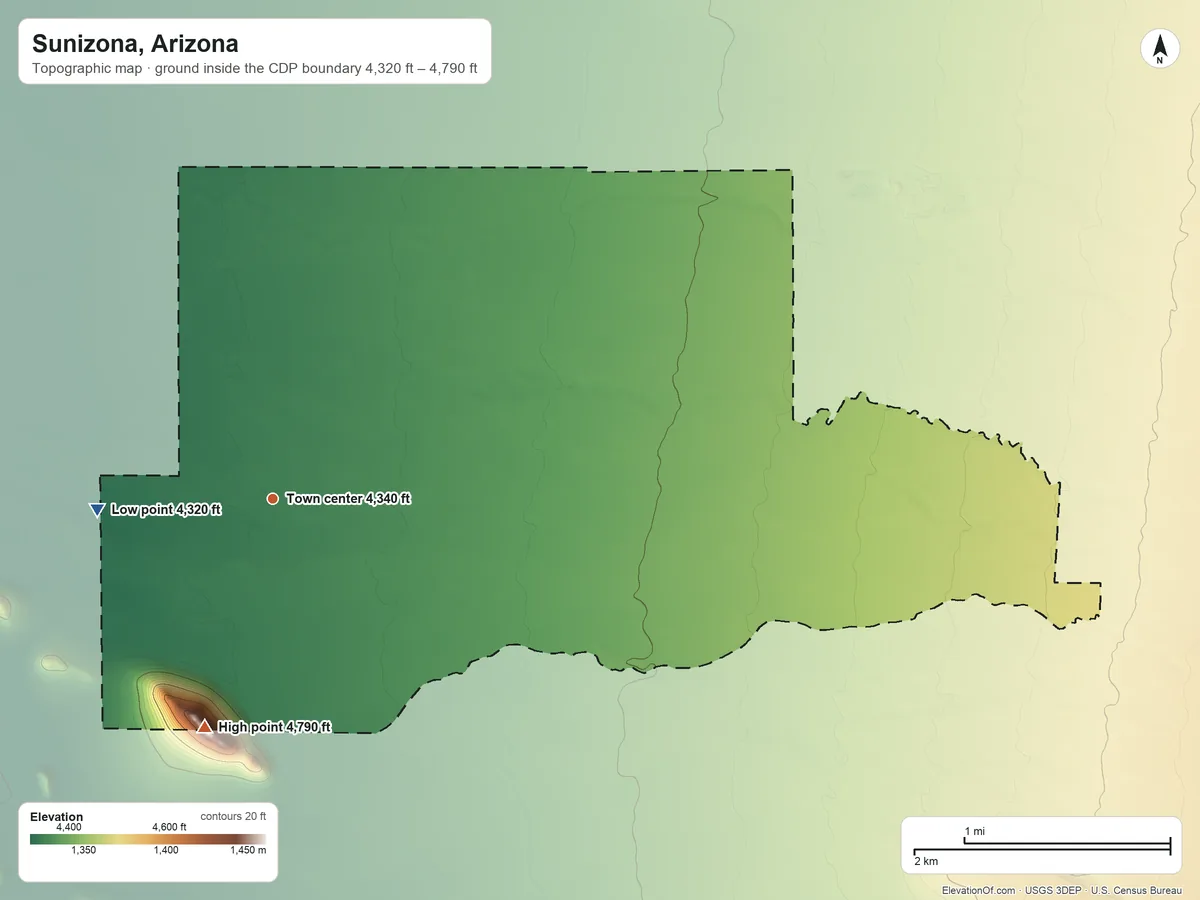 Topographic elevation map of Sunizona, Arizona, shaded from 4,320 ft on the west side to 4,790 ft on the south side