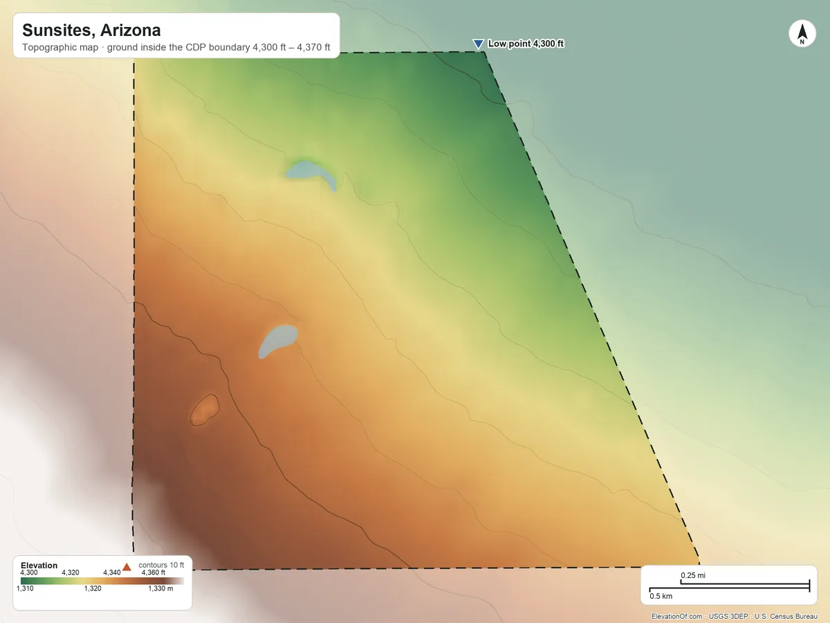 Topographic elevation map of Sunsites, Arizona, shaded from 4,300 ft on the north side to 4,370 ft on the southwest side
