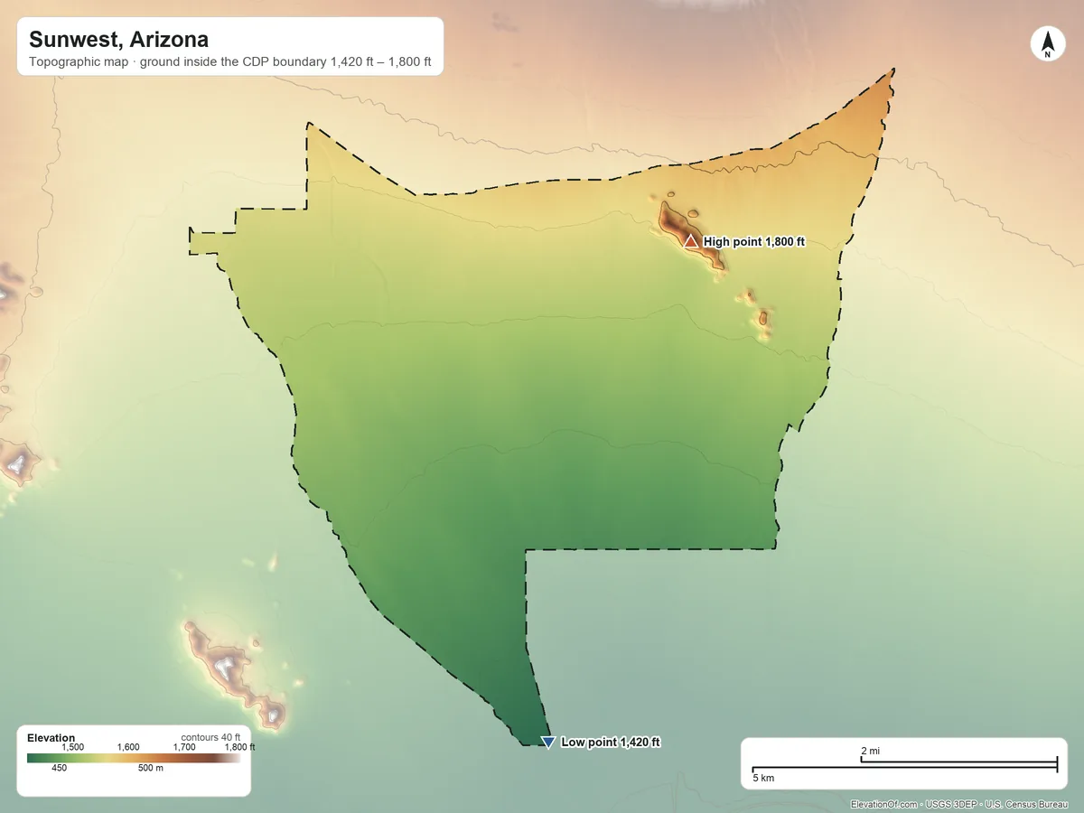 Topographic elevation map of Sunwest, Arizona, shaded from 1,420 ft on the south side to 1,800 ft on Red Hills