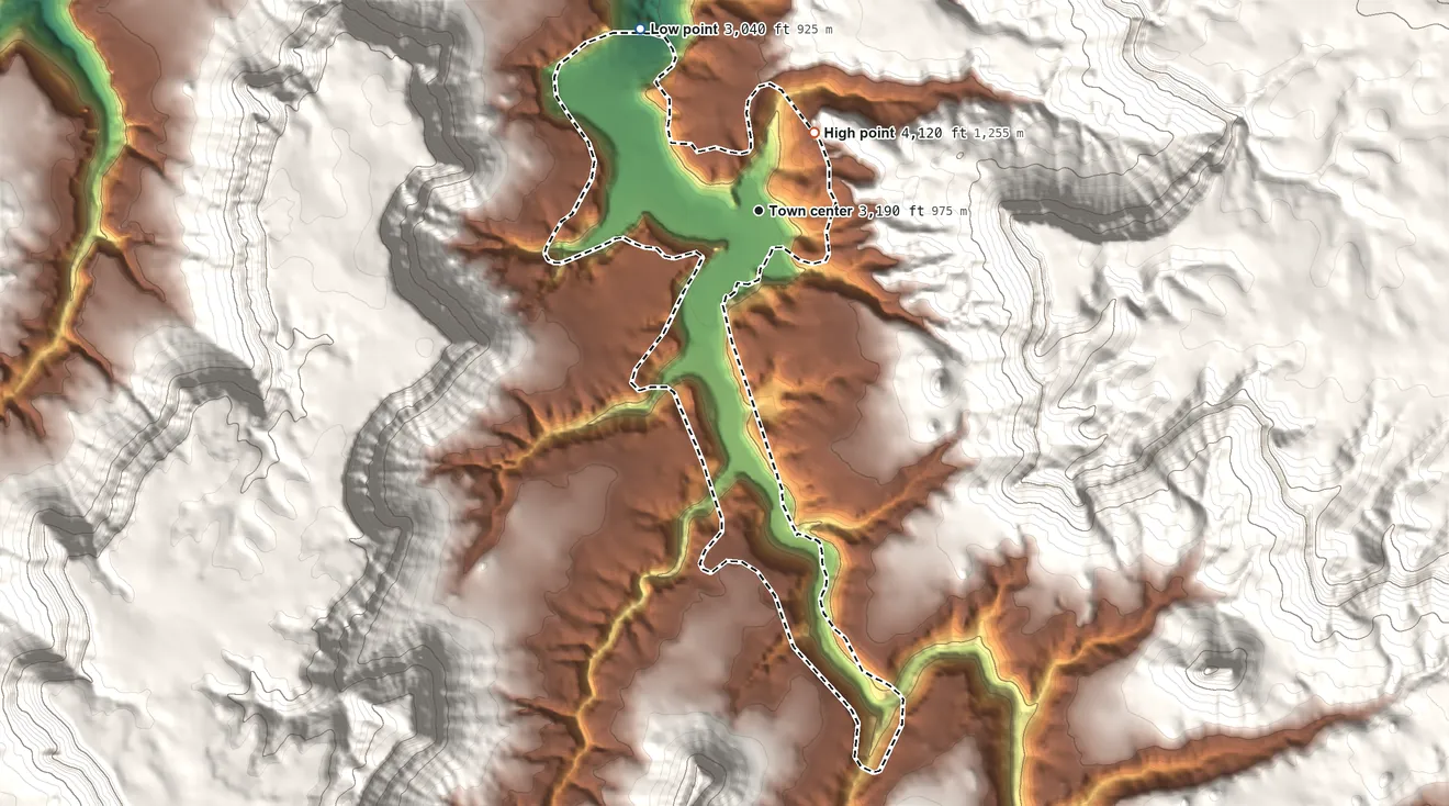 Topographic elevation map of Supai, Arizona, shaded from 3,040 ft on the northwest side to 4,120 ft on the northeast edge, below higher ground just outside