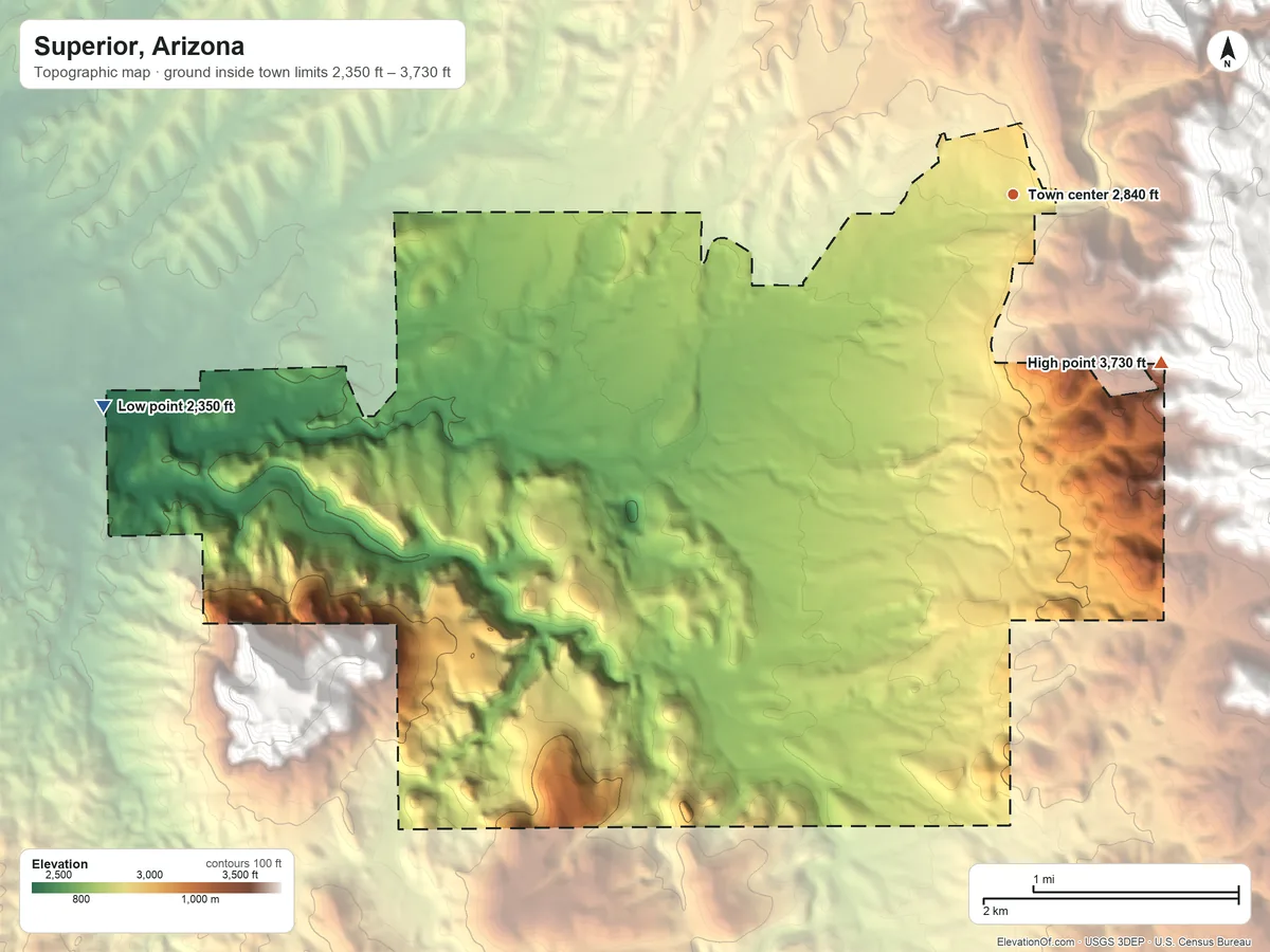Topographic elevation map of Superior, Arizona, shaded from 2,350 ft on the west side to 3,730 ft at the foot of the Dripping Spring Mountains