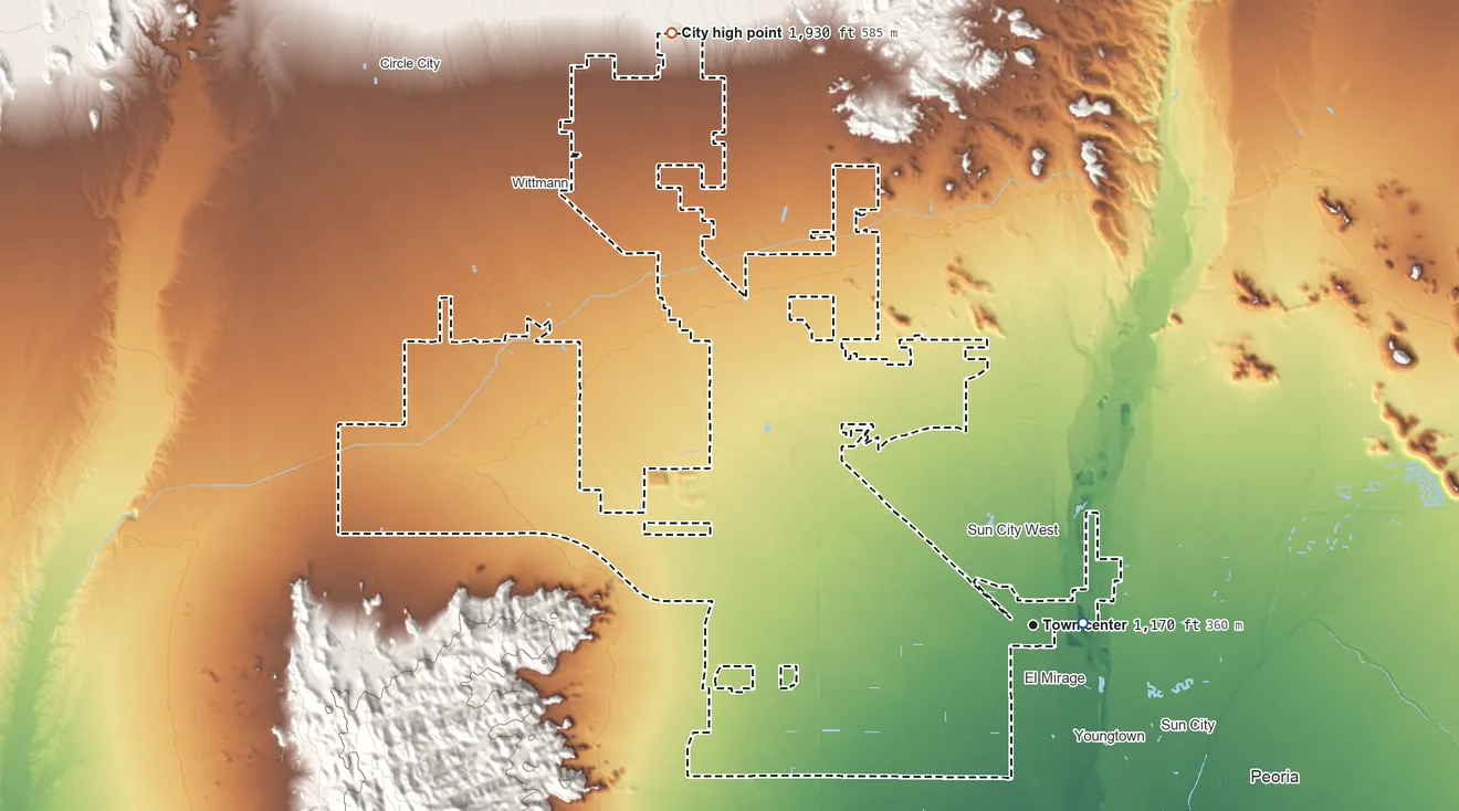 Topographic elevation map of Surprise, Arizona, shaded from 1,080 ft near the middle to 1,930 ft on the northwest side