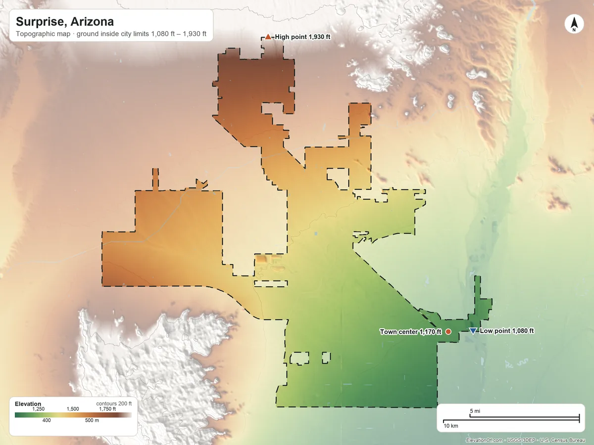 Topographic elevation map of Surprise, Arizona, shaded from 1,080 ft near the middle to 1,930 ft on the northwest side