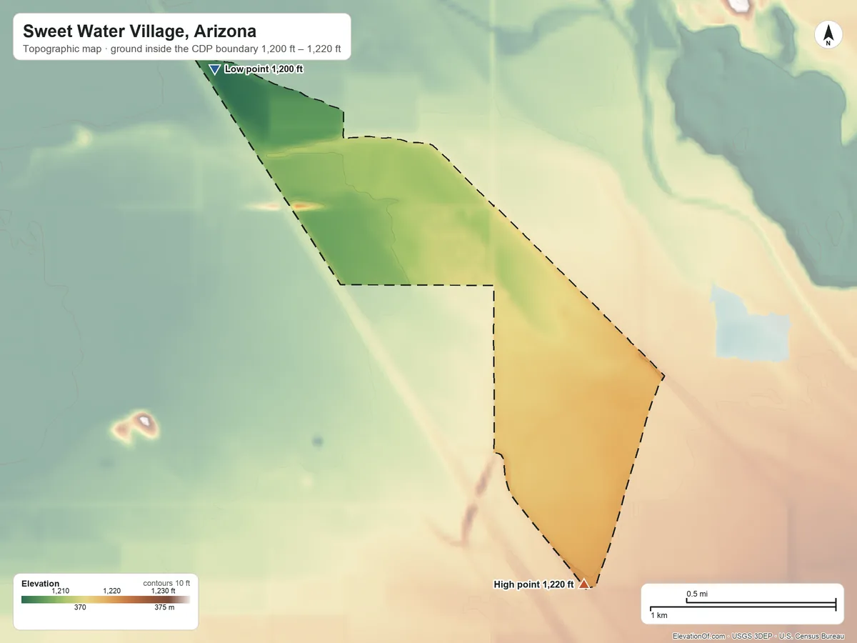 Topographic elevation map of Sweet Water Village, Arizona, shaded from 1,200 ft on the northwest side to 1,220 ft on the south side