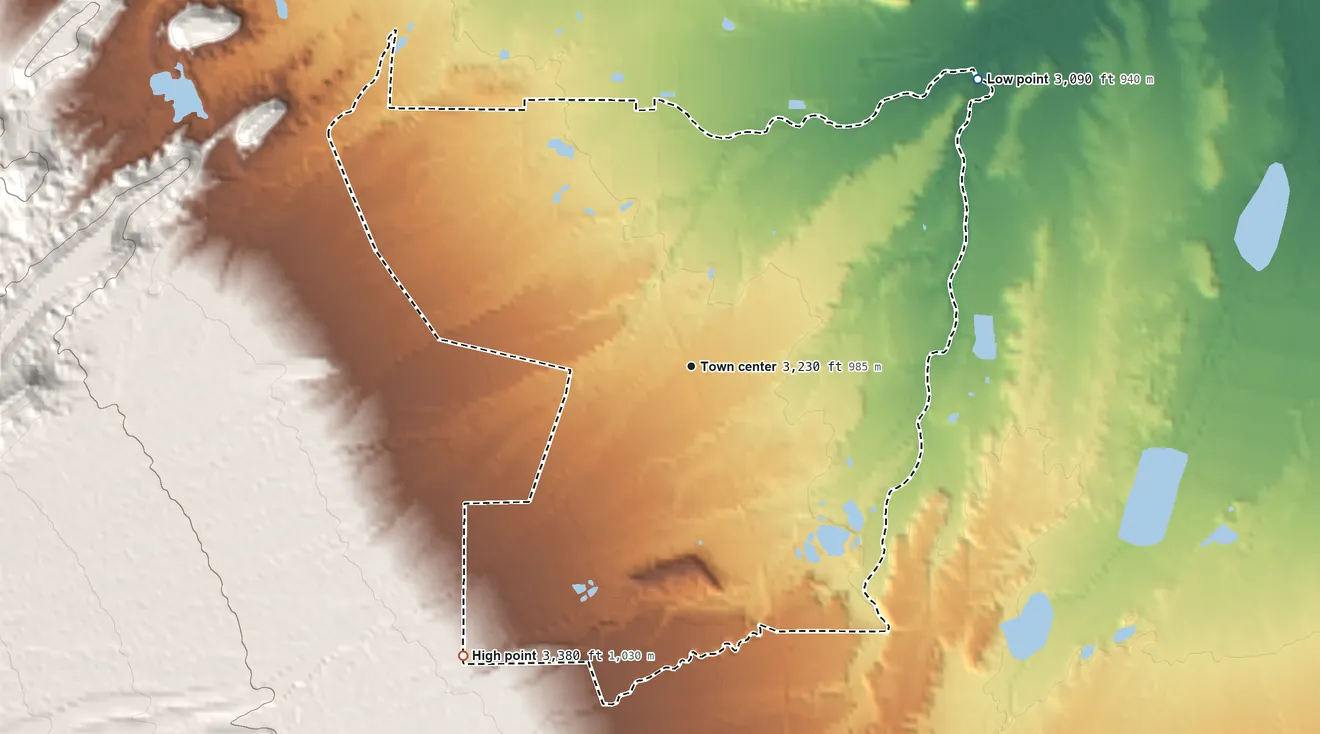 Topographic elevation map of Swift Trail Junction, Arizona, shaded from 3,090 ft on the northeast side to 3,380 ft at the foot of the Pinaleno Mountains