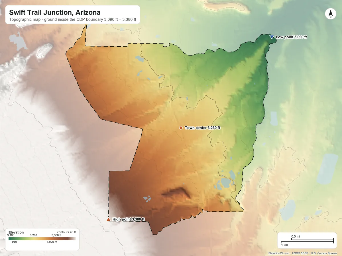 Topographic elevation map of Swift Trail Junction, Arizona, shaded from 3,090 ft on the northeast side to 3,380 ft at the foot of the Pinaleno Mountains