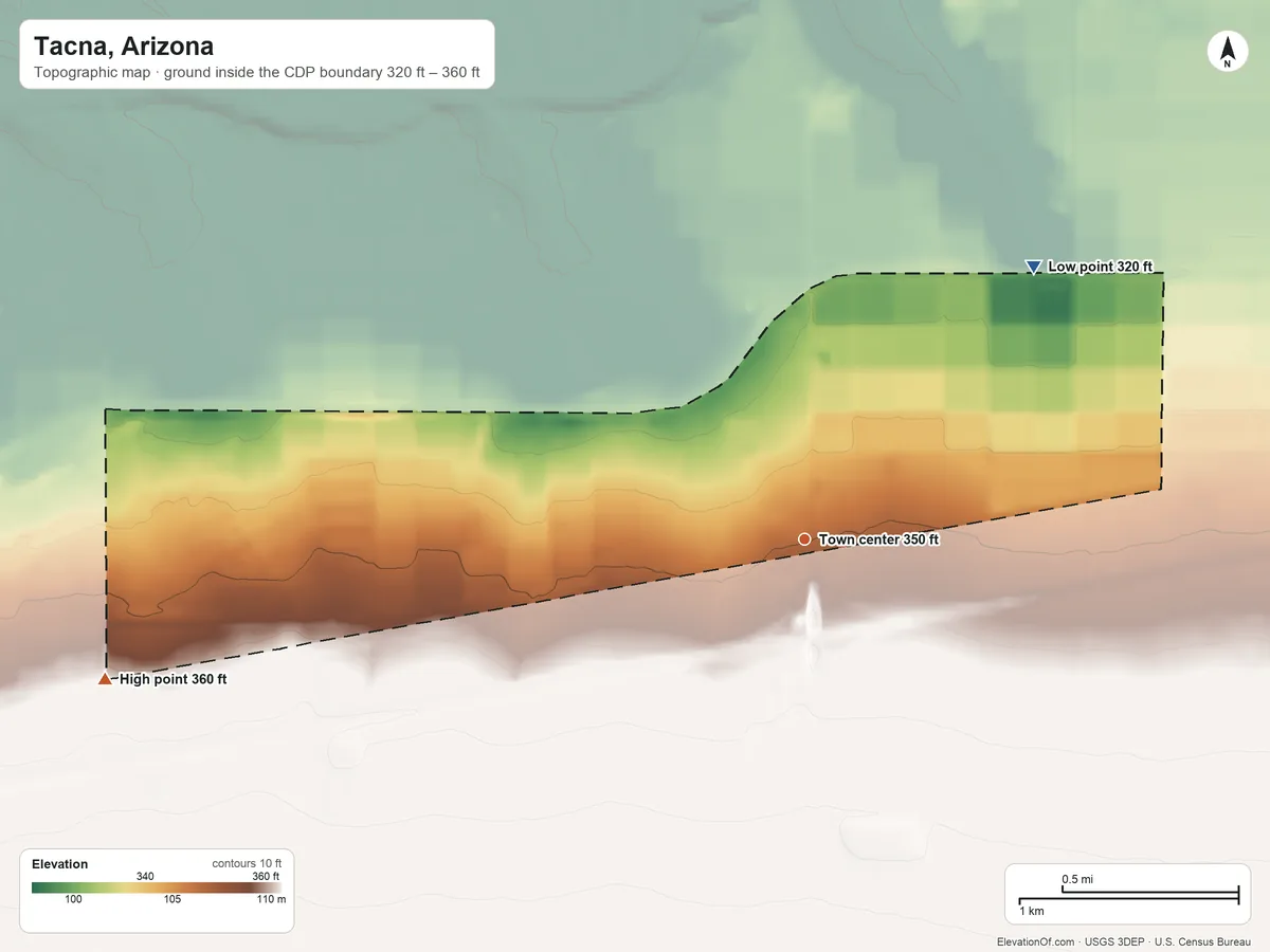 Topographic elevation map of Tacna, Arizona, shaded from 320 ft on the northeast side to 360 ft at the foot of the Wellton Hills