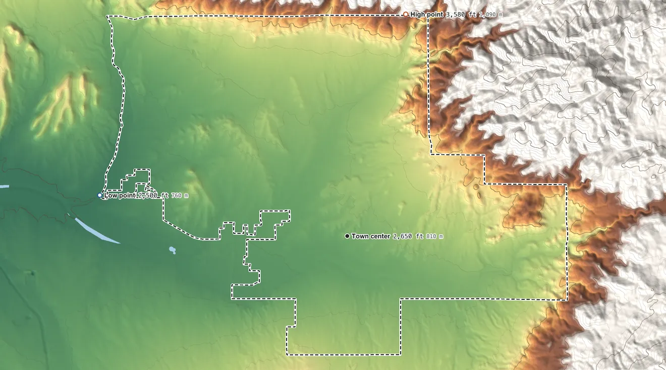 Topographic elevation map of Tanque Verde, Arizona, shaded from 2,500 ft on the west side to 3,580 ft at the foot of the Santa Catalina Mountains