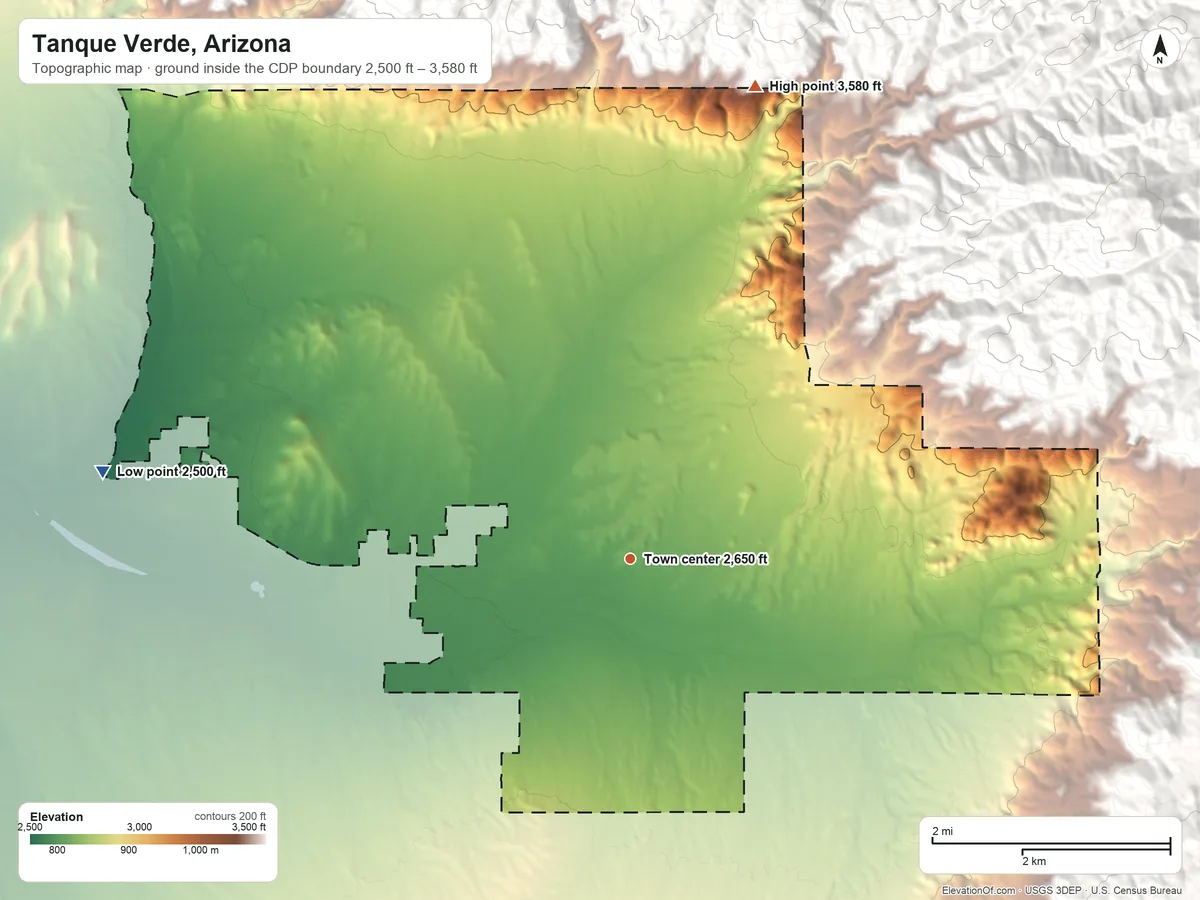 Topographic elevation map of Tanque Verde, Arizona, shaded from 2,500 ft on the west side to 3,580 ft at the foot of the Santa Catalina Mountains