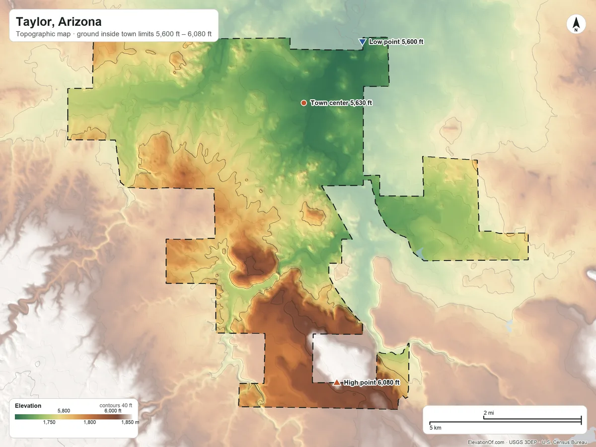 Topographic elevation map of Taylor, Arizona, shaded from 5,600 ft on the northeast side to 6,080 ft on the south side