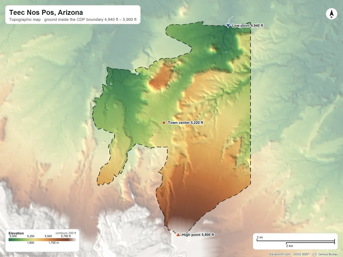 Topographic elevation map of Teec Nos Pos, Arizona, shaded from 4,940 ft on the northeast side to 5,900 ft at the foot of the Carrizo Mountains