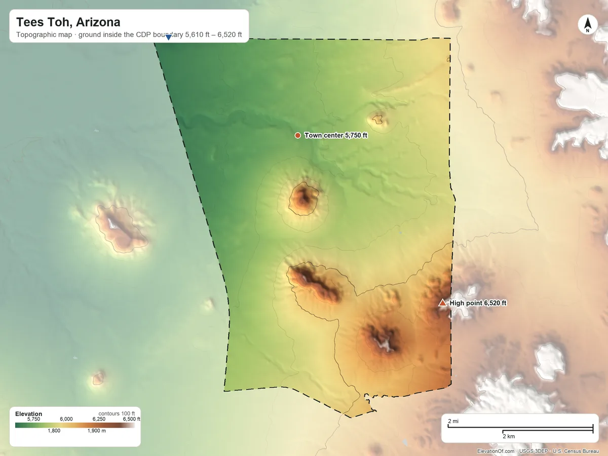 Topographic elevation map of Tees Toh, Arizona, shaded from 5,610 ft on the northwest side to 6,520 ft on the southeast side