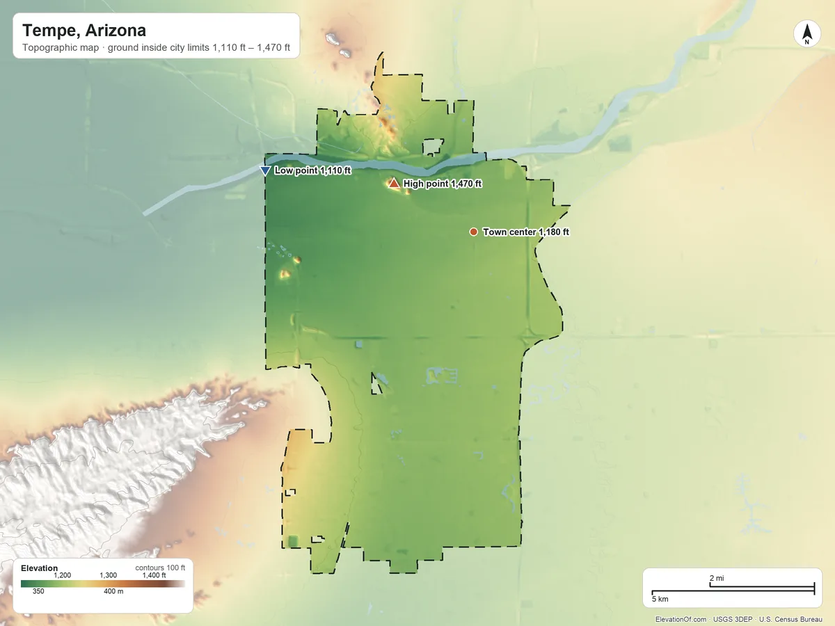 Topographic elevation map of Tempe, Arizona, shaded from 1,110 ft on the west side to 1,470 ft on Tempe Butte