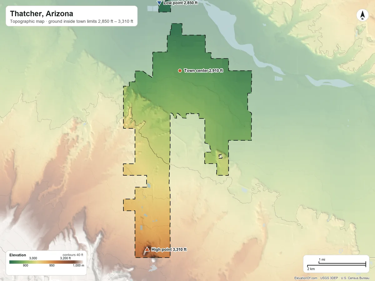 Topographic elevation map of Thatcher, Arizona, shaded from 2,850 ft on the north side to 3,310 ft on the south edge, below higher ground just outside