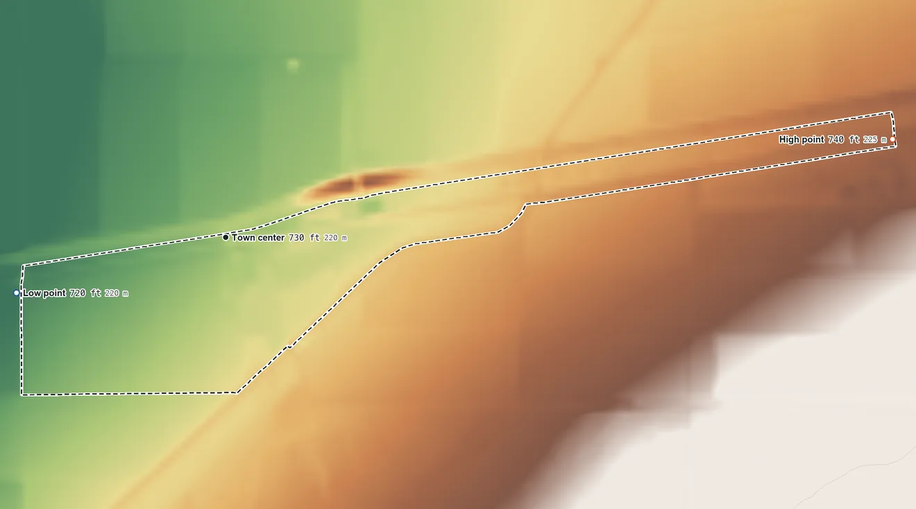 Topographic elevation map of Theba, Arizona, shaded from 720 ft on the west side to 740 ft on the east side