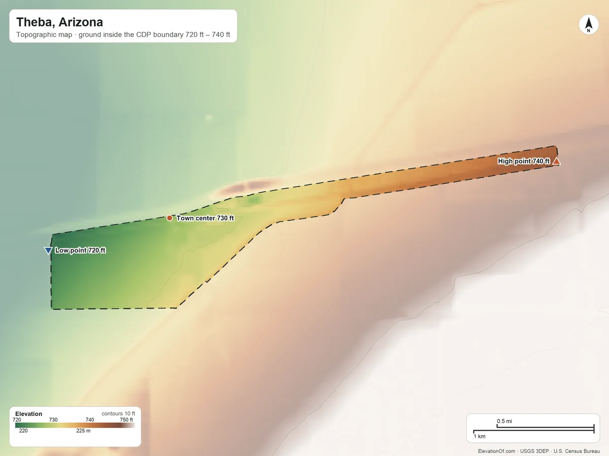 Topographic elevation map of Theba, Arizona, shaded from 720 ft on the west side to 740 ft on the east side