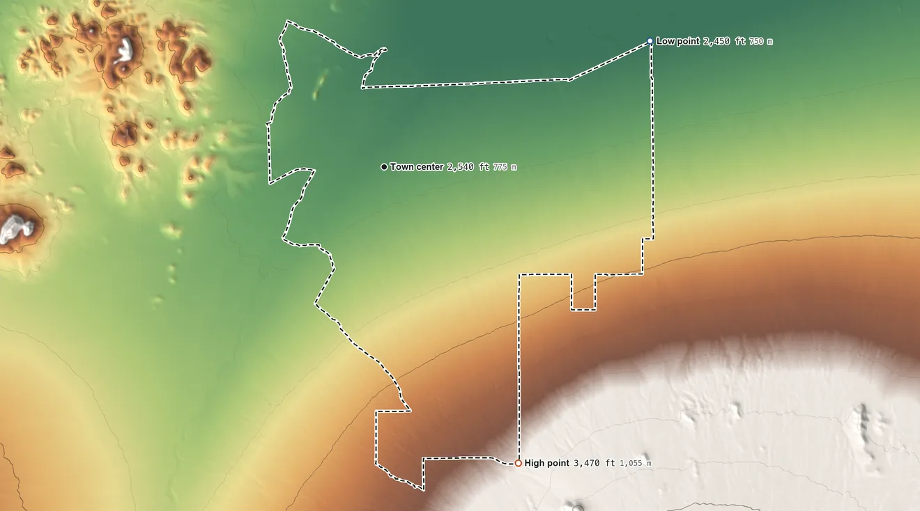 Topographic elevation map of Three Points, Arizona, shaded from 2,450 ft on the northeast side to 3,470 ft at the foot of the Sierrita Mountains
