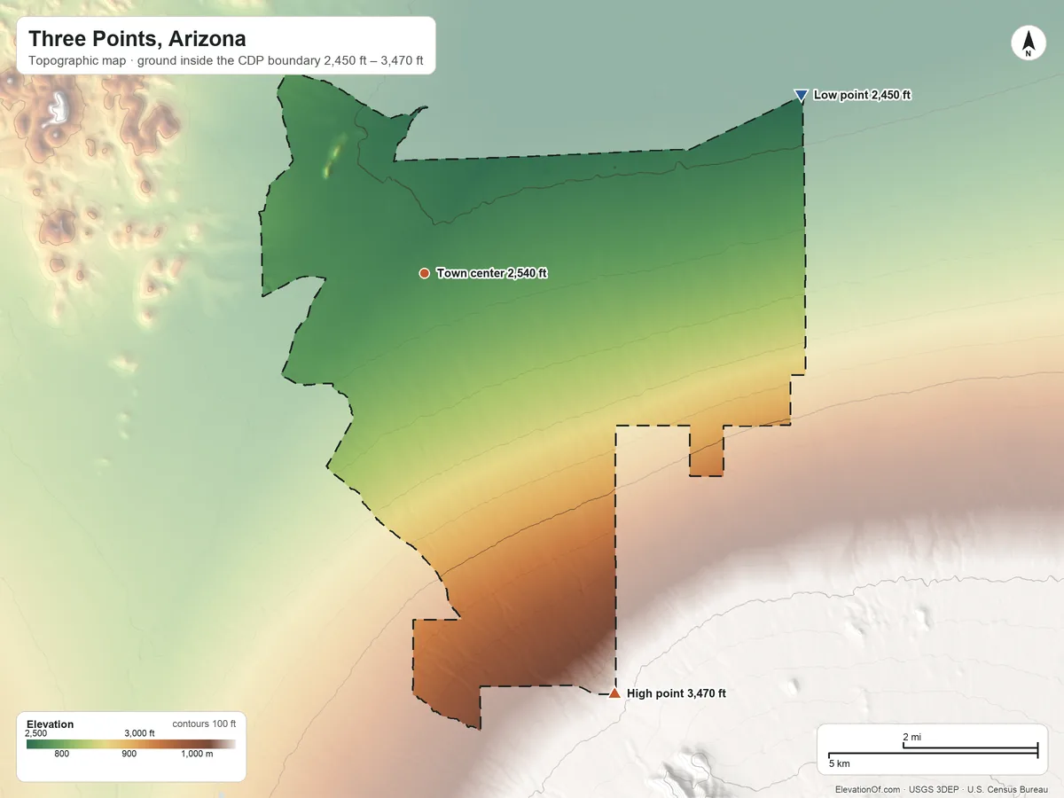 Topographic elevation map of Three Points, Arizona, shaded from 2,450 ft on the northeast side to 3,470 ft at the foot of the Sierrita Mountains