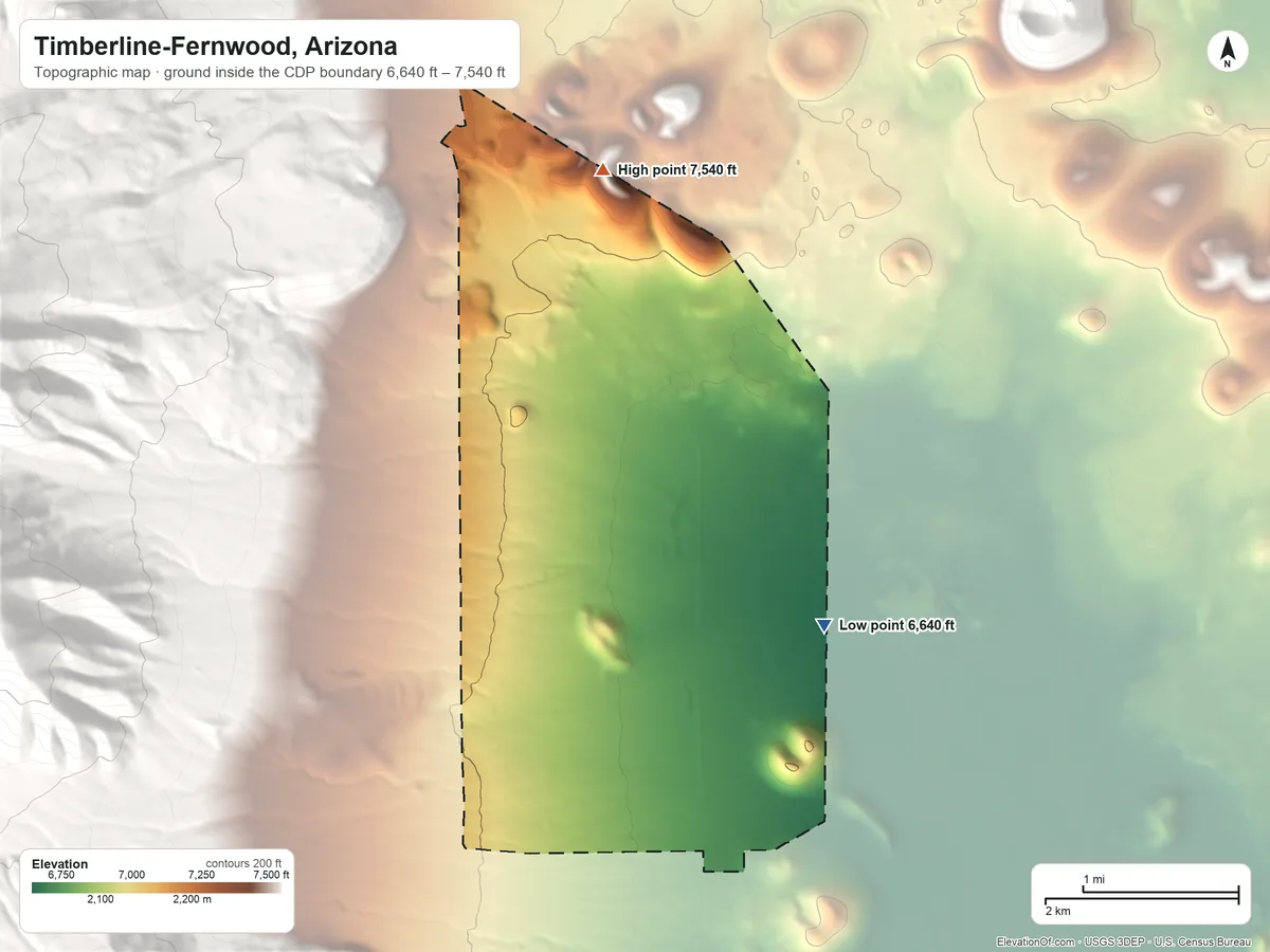 Topographic elevation map of Timberline-Fernwood, Arizona, shaded from 6,640 ft on the east side to 7,540 ft at the foot of the White Horse Hills
