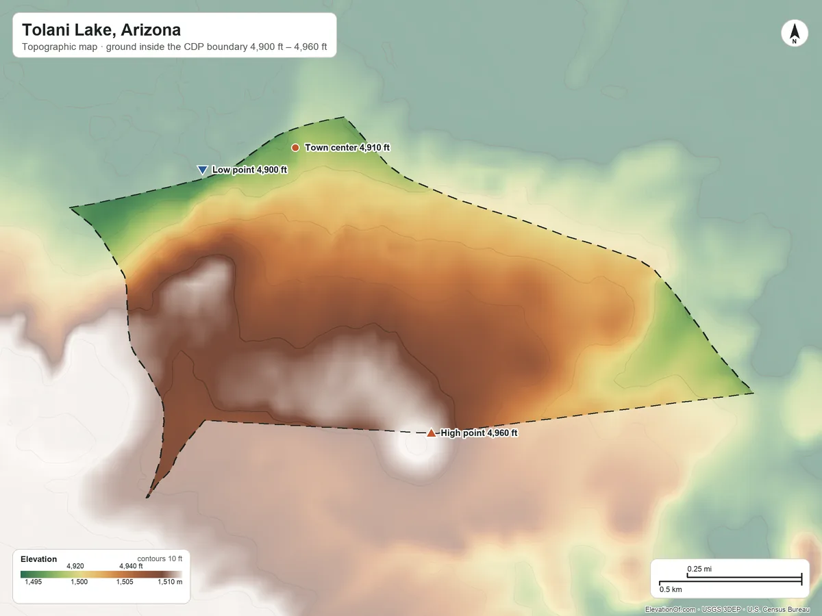 Topographic elevation map of Tolani Lake, Arizona, shaded from 4,900 ft on the west side to 4,960 ft on the southeast side