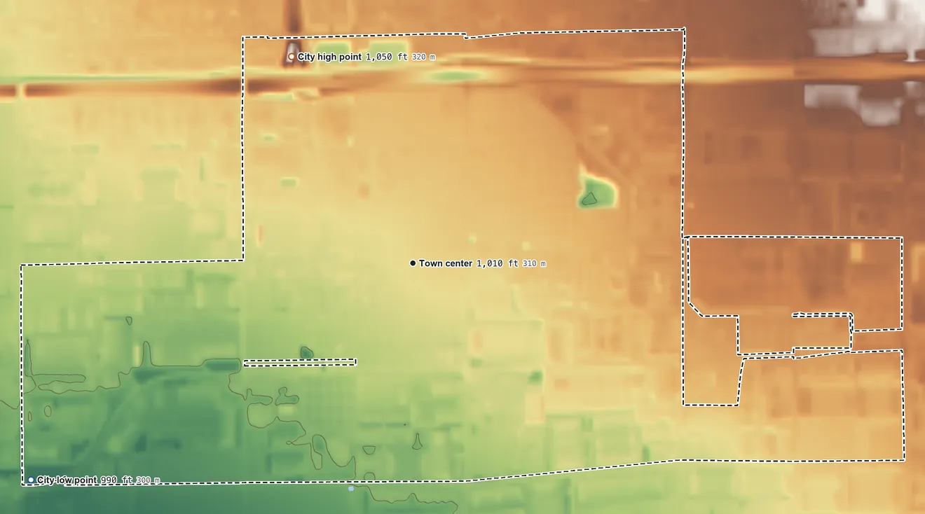 Topographic elevation map of Tolleson, Arizona, shaded from 990 ft on the southwest side to 1,050 ft on the northwest side