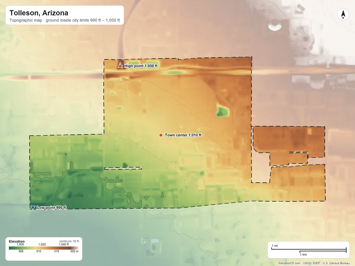 Topographic elevation map of Tolleson, Arizona, shaded from 990 ft on the southwest side to 1,050 ft on the northwest side