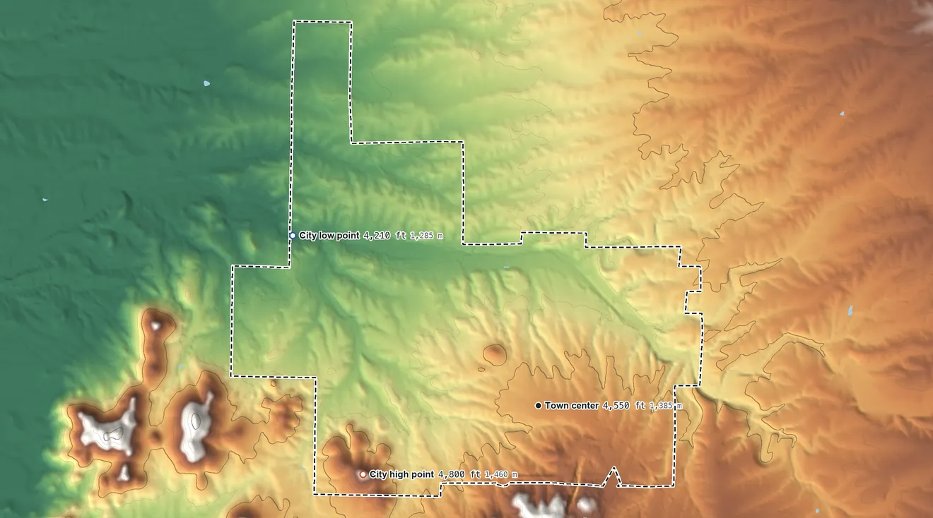 Topographic elevation map of Tombstone, Arizona, shaded from 4,210 ft on the northwest side to 4,800 ft on the west side