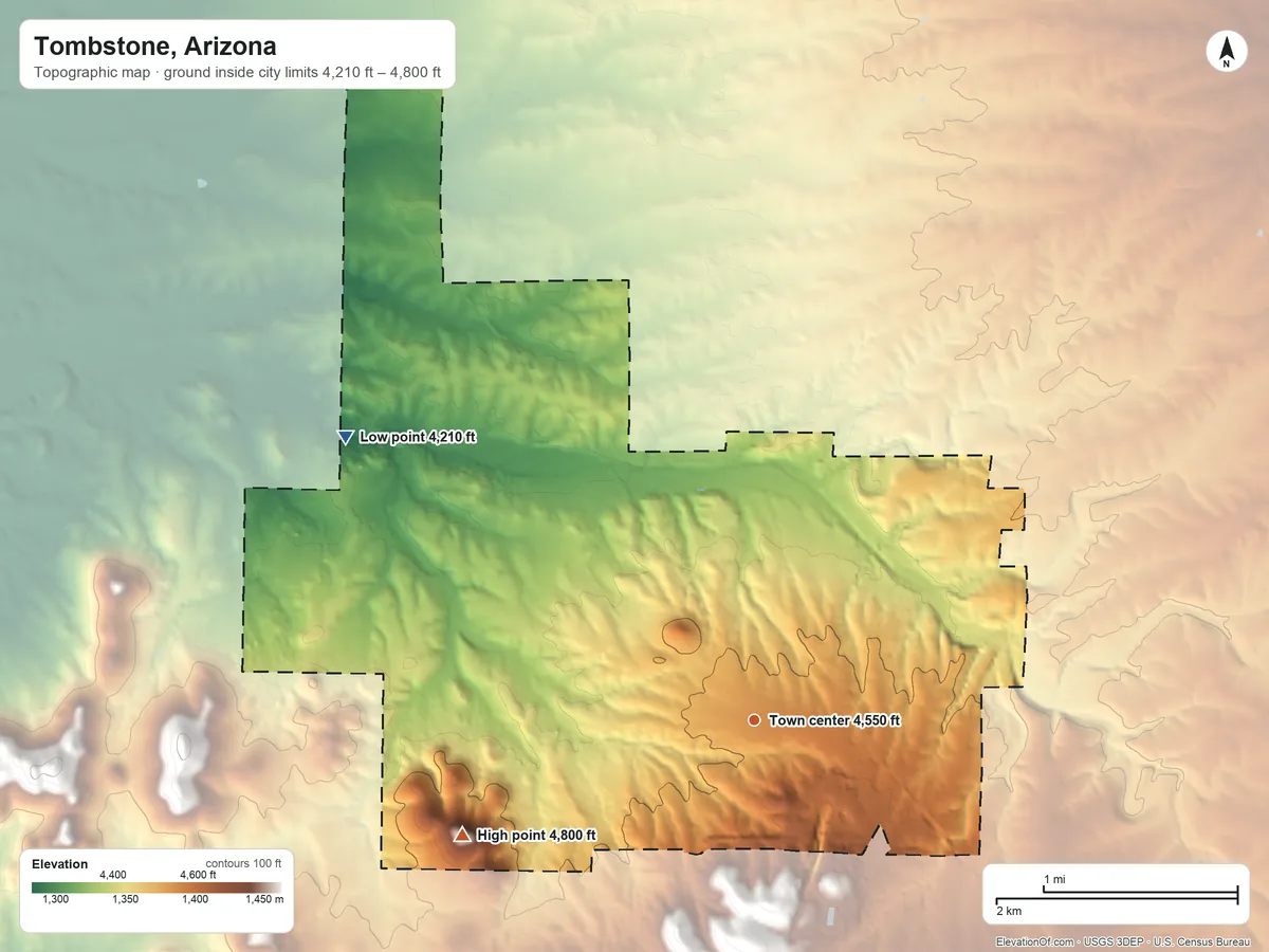 Topographic elevation map of Tombstone, Arizona, shaded from 4,210 ft on the northwest side to 4,800 ft on the west side