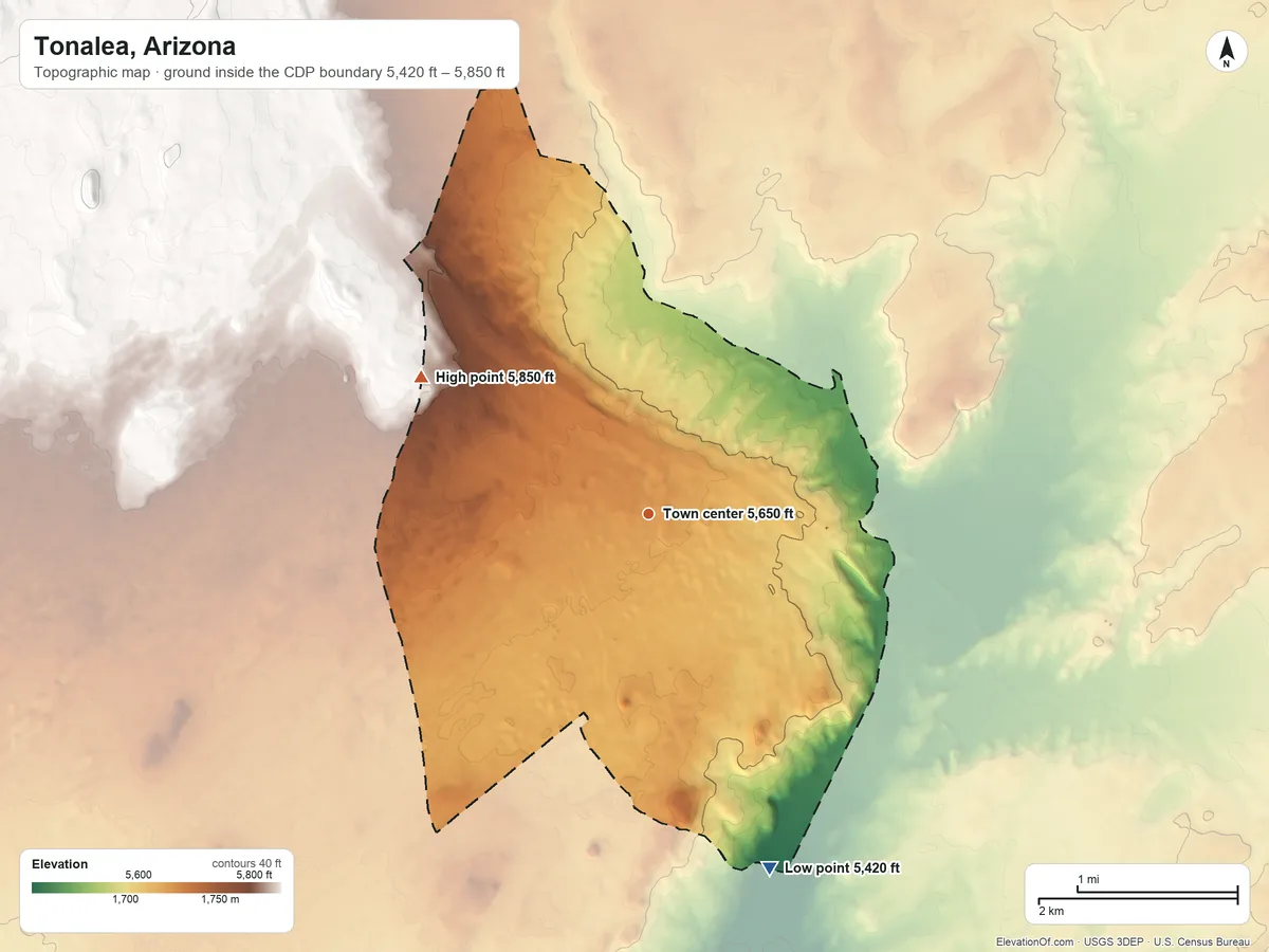 Topographic elevation map of Tonalea, Arizona, shaded from 5,420 ft on the south side to 5,850 ft on the northwest side