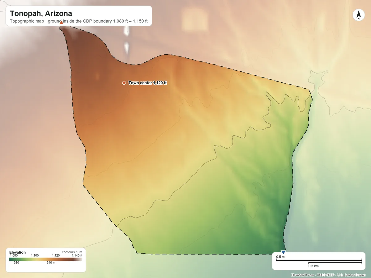 Topographic elevation map of Tonopah, Arizona, shaded from 1,080 ft on the southeast side to 1,150 ft on the northwest side
