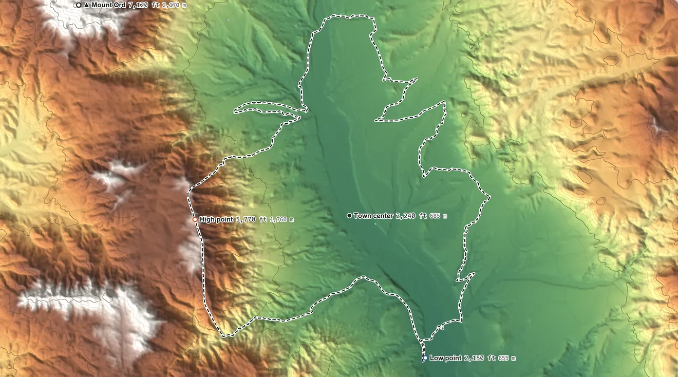 Topographic elevation map of Tonto Basin, Arizona, shaded from 2,150 ft on the southeast side to 5,770 ft on Edwards Peak