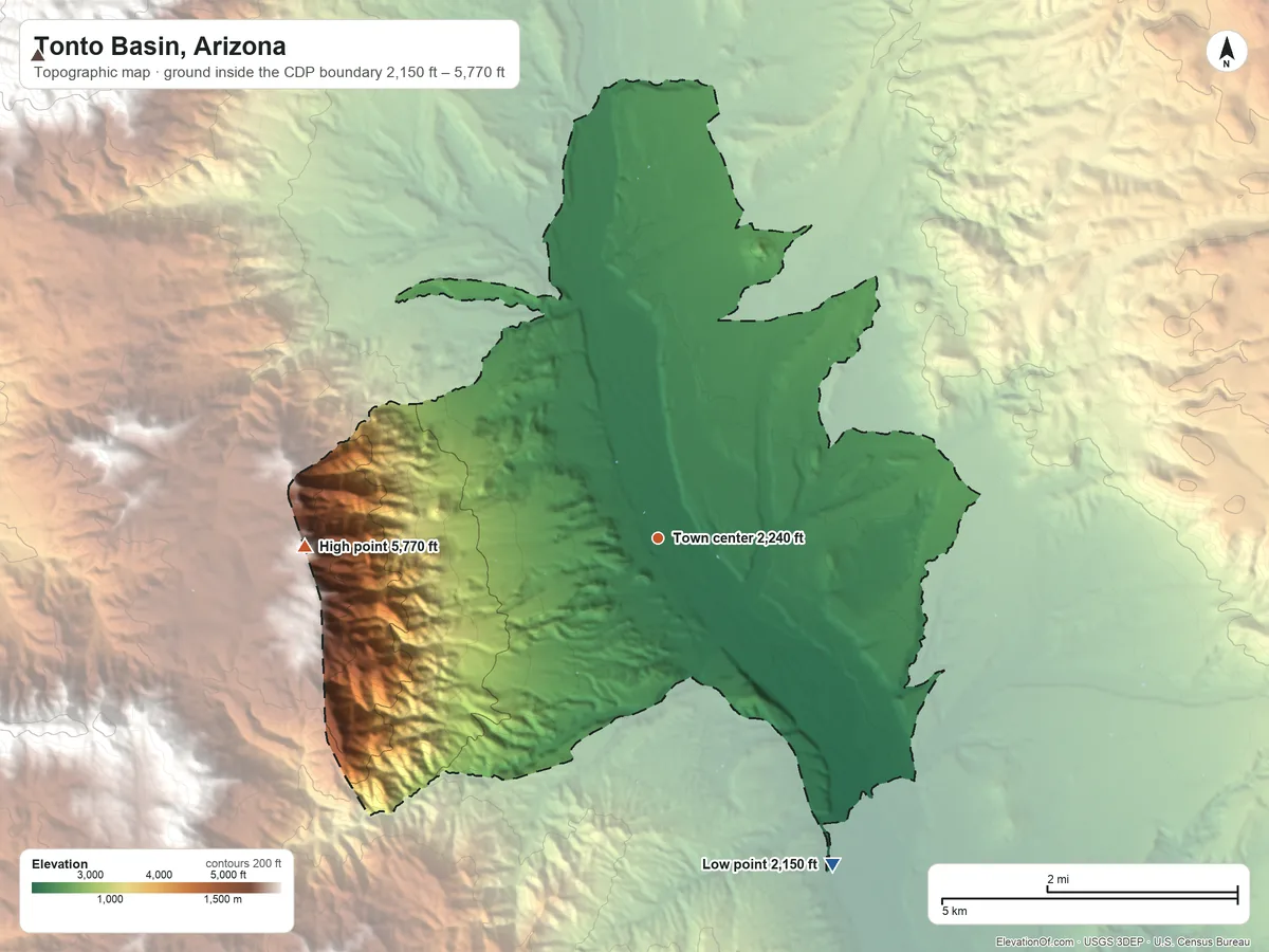Topographic elevation map of Tonto Basin, Arizona, shaded from 2,150 ft on the southeast side to 5,770 ft on Edwards Peak
