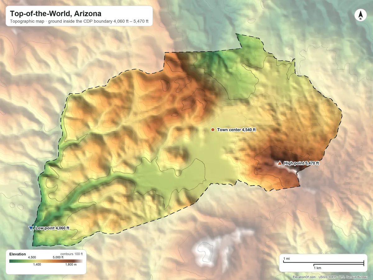 Topographic elevation map of Top-of-the-World, Arizona, shaded from 4,060 ft on the southwest side to 5,470 ft on the southeast side