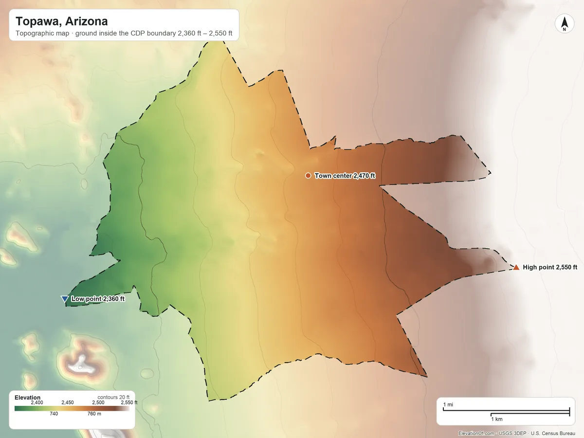 Topographic elevation map of Topawa, Arizona, shaded from 2,360 ft on the southwest side to 2,550 ft on the southeast side