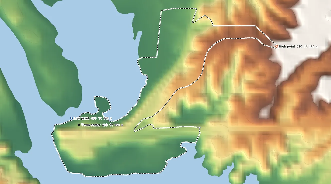Topographic elevation map of Topock, Arizona, shaded from 450 ft near the middle to 620 ft on the east edge, below higher ground just outside